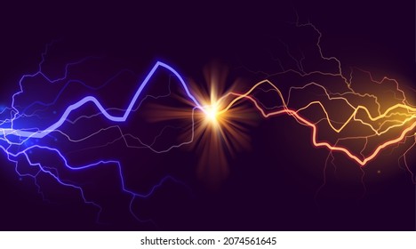 Potencia eléctrica azul vs amarillo, efecto de batalla relámpago. Pista brillante, luz eléctrica flash. Colisión fría y caliente con explosión de centelleantes. Poderoso vector de confrontación de impulsos