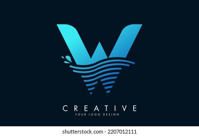 Blue W Letter Logo with Waves and Water Drops Design Vector Illustration.