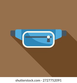Blaue Taille Tasche, die einen langen Schatten auf braunem Hintergrund wirft, perfekt für Illustrationen über Modeaccessoires