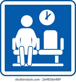 Blue Waiting Area Sign. Vector Illustration. Waiting Area For Doctor's Appointment. Man Sits And Waits For His Time. Hospital Department Sign