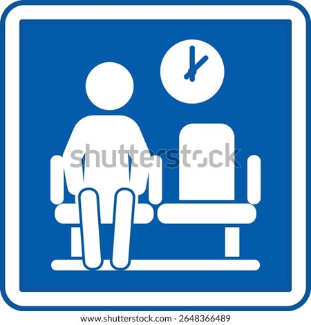 Blue Waiting Area Sign. Vector Illustration. Waiting Area For Doctor's Appointment. Man Sits And Waits For His Time. Hospital Department Sign