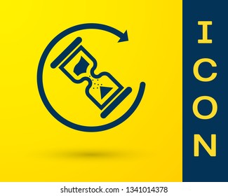Blue Waiting icon isolated on yellow background. Wait time icon. Hourglass clock. Vector Illustration