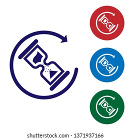 Blue Waiting icon isolated on white background. Wait time icon. Hourglass clock. Set color icon in circle buttons. Vector Illustration