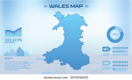 Blue Wales Map with States, Political Wales infographic map vector illustration