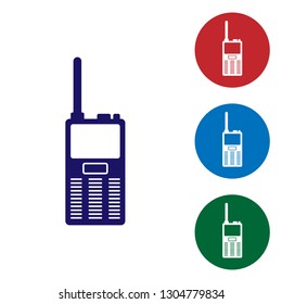 Blue Walkie talkie icon isolated on white background. Portable radio transmitter icon. Radio transceiver sign. Set color icon in circle buttons. Vector Illustration