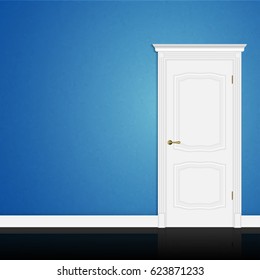 Blue wall abstract geometrical design with closed entrance white door in interior. Vector 3d illustration eps10