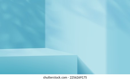 Blue Wall Background,3D Display Studio with leaves shadow,Empty Gallery room with sunlight overlay on wall,Vector minimal design Product background for presentration on Spring,Summer