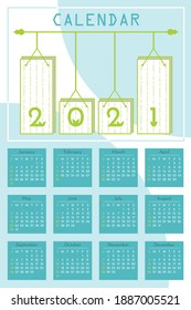 Blue Wall calendar 2021 Yearly Planner with all Months. Good school Organizer and Schedule. Cute home interior background. Motivational quote lettering. Simple flat vector illustration in trendy style