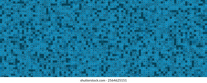 Blue wall ceramic tiles. Mosaic bottom of the swimming pool. Kitchen or toilet backdrop. Square particles in shades of blue. Illustration. Texture abstract vector background.