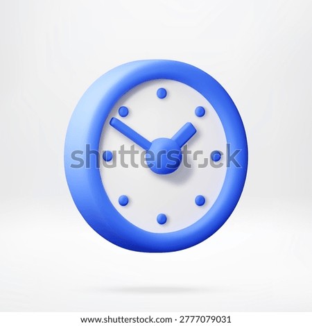 Blue wall clock 3d icon. Minimalist round analog timepiece icon with hour and minute hand. Concept of time management, deadline, business schedule and waiting interval. Vector illustration