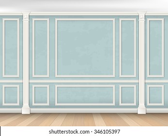 Blue wall interior in classical style with pilasters and moldings. Architectural background. (The color of the walls can be easily changed)