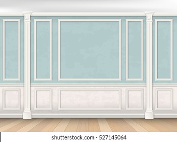 Blue wall interior in classical style with pilasters, moldings and white panel. Architectural background.