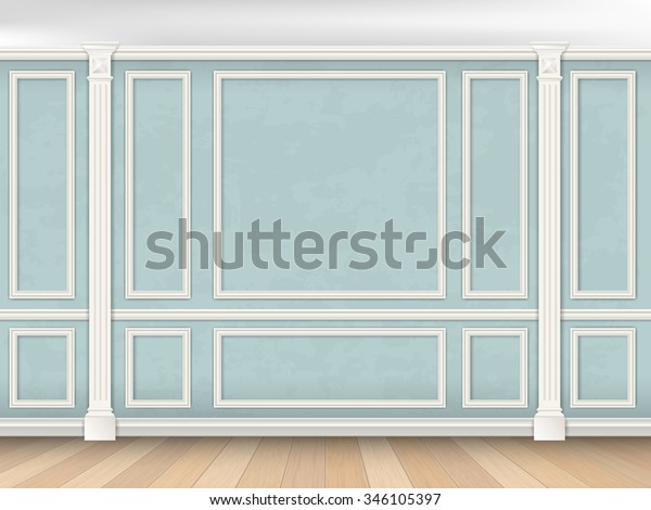 Blue wall interior in classical style with\
pilasters and moldings. Architectural background. (The color of the\
walls can be easily\
changed)