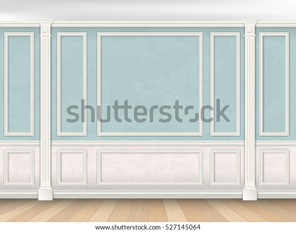 Blue wall interior in\
classical style with pilasters, moldings and white panel.\
Architectural background.