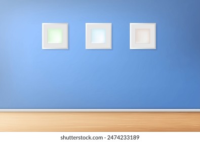 La pared azul de la habitación con cuadros. Ilustración vectorial