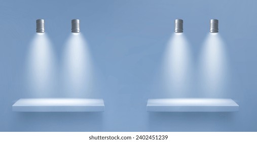 Blue wall with two empty shelves and hanging light lamp for product display. Realistic vector illustration of platform illuminated by spotlight. Mockup of gallery or exhibition studio podium.