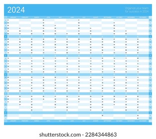 Blue wall yearly planner for 2024, organizer, schedule journal. Corporate business schedule journal template, 12 months set. Wall planner with space for personal notes vector illustration