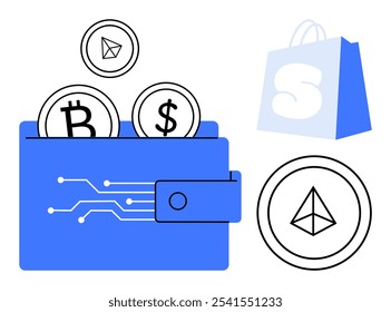 Una billetera azul con Bitcoin, Dólar y monedas de criptomonedas. Incluye una bolsa de compras azul. Ideal para finanzas, criptomonedas, compras en línea, transacciones digitales y comercio electrónico. Moderno, limpio