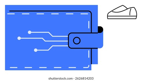 Blaue Geldbörse mit kreisförmigem Muster, das digitale Finanzen anzeigt, begleitet von einem einfachen Schuhsymbol, ideal für E-Commerce, Fintech, Online-Shopping, Sicherheit, Innovation, Einkaufs-Apps und digitale
