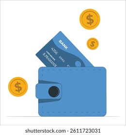 blue wallet with colored plastic debit and credit bank cards on pink background, top view flat lay. Minimalistic concept of shopping, online payment. Stylish unisex wallet. 2715