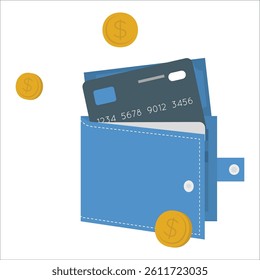 blue wallet with colored plastic debit and credit bank cards on pink background, top view flat lay. Minimalistic concept of shopping, online payment. Stylish unisex wallet. 2716