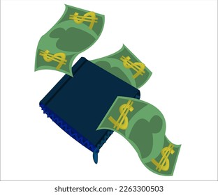 A blue wallet with dollar banknotes. This illustration can be used as a logotype for finance, economic and banking organizations. Vector, isolated.