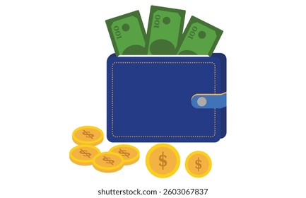 Blue wallet, dollar bills, gold coins