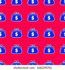 Blue Wallet with dollar symbol icon isolated seamless pattern on red background. Purse icon. Cash savings symbol.  Vector Illustration