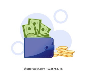 Blue wallet with dollars and coin vector illustration on white background