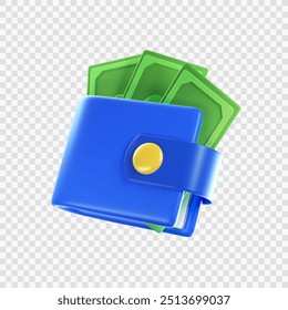 blue wallet with dollars inside 3d illustration icon cartoon style vector