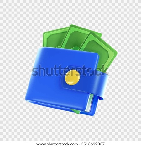 blue wallet with dollars inside 3d illustration icon cartoon style vector