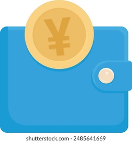 Blue wallet and gold coin with yen symbol on it isolated on transparent background. Vector icon, flat design EPS10