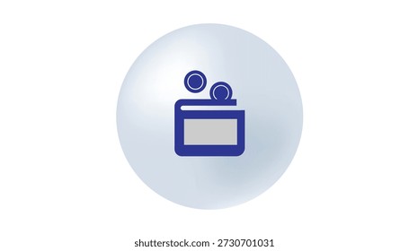 Una billetera azul con una ranura rectangular gris se muestra dentro de una esfera translúcida azul claro. Se representan dos monedas azules cayendo o descansando en la billetera. La esfera tiene un gradiente suave y reflejos. El fondo es blanco. Este icono simboliza las finanzas, el dinero, los pagos o una billetera.