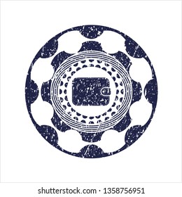 Blue wallet icon inside distressed rubber grunge stamp