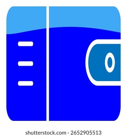 Icono de billetera azul que representa un artículo personal utilizado para almacenar dinero, tarjetas y Identificación de forma segura.