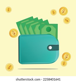 Blue wallet with money; green banknotes and gold coins. 3D vector illustration isolated on yellow background. Transaction, business, investment, financial, online payment, wealthy, economy concept.