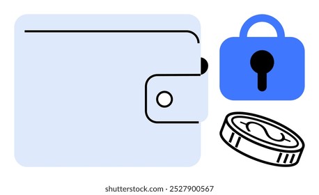 A blue wallet with a security lock and a coin symbol. Ideal for finance mobile applications. security digital currency electronic payments and cryptocurrency management. Simplified modern flat style