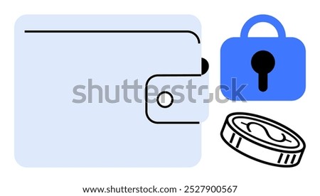 A blue wallet with a security lock and a coin symbol. Ideal for finance mobile applications. security digital currency electronic payments and cryptocurrency management. Simplified modern flat style