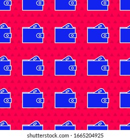 Blue Wallet with stacks paper money cash icon isolated seamless pattern on red background. Purse icon. Cash savings symbol.  Vector Illustration