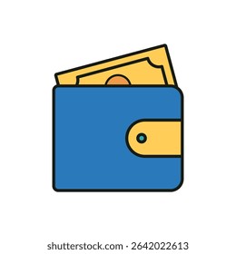 Blue wallet with yellow strap and visible paper money in flat minimalist vector illustration