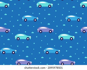 Blue wallpaper with cars for baby boys. Automobiles are driving background of abstract light blue stars. Cute seamless pattern with cartoon vehicle for nursery textiles. Vector childish illustration.