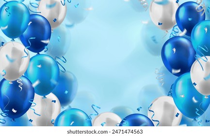 Blue wallpaper with lots of 3d realistic glossy balloons and confetti on blurred background with blank space for greeting text. Banner for birthday, celebration party, sale, opening event, holidays