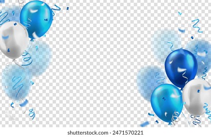 Blue wallpaper with lots of 3d realistic glossy balloons and confetti on transparent background with blank space for greeting text. Banner for birthday, celebration party, sale, opening event, holiday