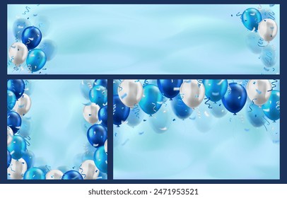 Blue wallpapers with lots of 3d realistic glossy balloons and confetti on blurred background with blank space for greeting text. Banner for birthday, celebration party, sale, opening event, holidays