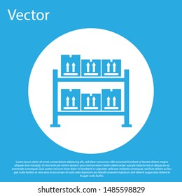 Blue Warehouse icon isolated on blue background. White circle button. Vector Illustration