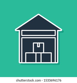 Blue Warehouse icon isolated on green background.  Vector Illustration