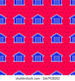 Icono de Blue Warehouse aislado sin fisuras en fondo rojo. Ilustración vectorial