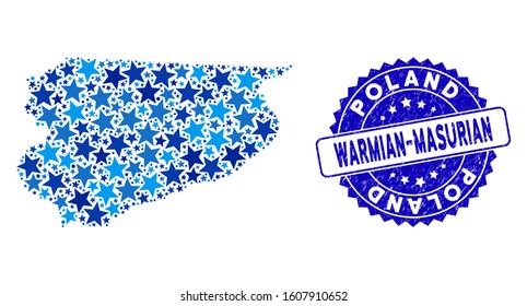 Blue Warmian-Masurian Voivodeship map collage of stars, and grunge rounded seal. Abstract geographic scheme in blue color tones. Vector Warmian-Masurian Voivodeship map is designed of blue stars.