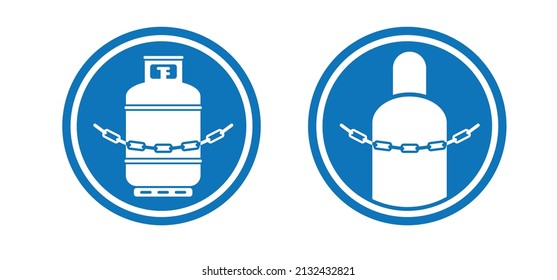 Blaues Warnzeichen. Zylindersymbol mit Ketten. Propangas-Zylinder und Kettensymbol oder -logo. Cartoon-Vektorgasbehälter. LPG-Behälter für Propanflaschen müssen gesichert sein