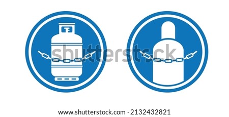 Blue warning sign. Chained cylinders symbol. Propane gas cylinder and chain icon or logo. Cartoon vector gas cannister. LPG tank or container for propane bottles  must be secured. For camping cooking.